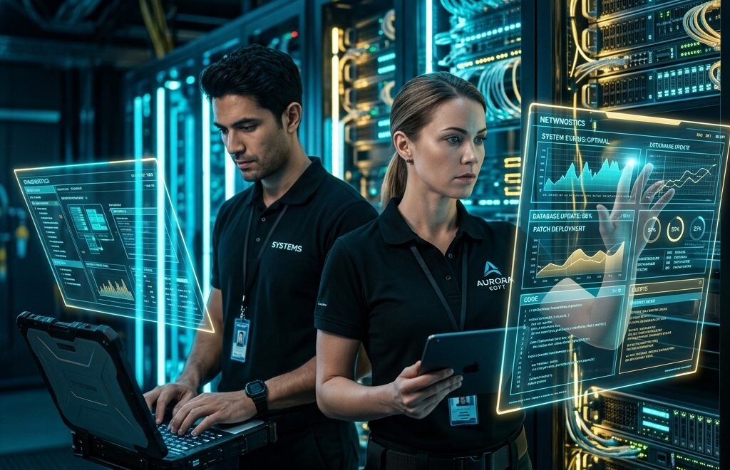 IT manager performing software maintenance on futuristic server