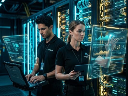 IT manager performing software maintenance on futuristic server