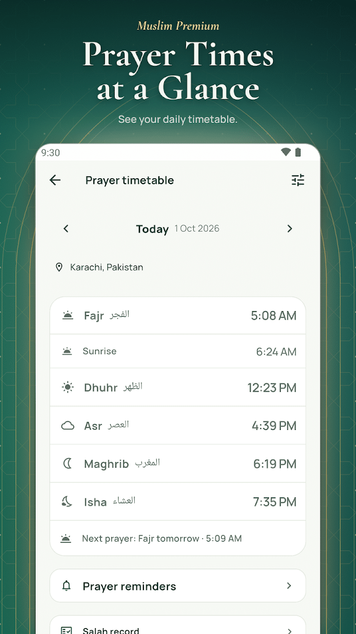 Prayer Timetable at a Glance in Muslim Premium
